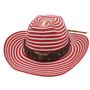 Chapeau de paille de cowboy à rayures avec emblème de tête de taureau et rivets