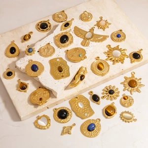 Golden stainless steel sunflower heart pendants with natural stone for DIY jewelry