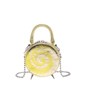 Unique clock face round handbag with metallic finish and detachable gold chain strap