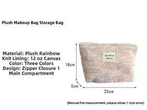 Detail of plush rainbow knit cosmetic bag with zip closure and 25x18x5cm dimensions