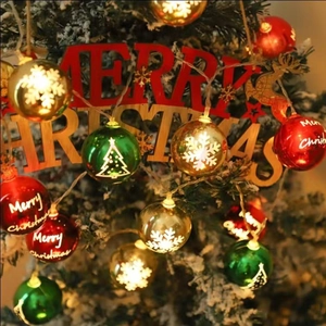 Festive Christmas ball string lights with snowflake patterns on decorated tree background