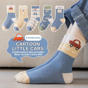 Set of 5 pairs of kids cotton crew socks with colorful cartoon car and traffic patterns