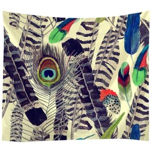 Detailed view of colorful peacock feathers on artistic polyester wall tapestry fabric