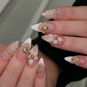 Ongles À Presser Amande 3D Künstliche Perle Fleur French Tip Coquillage Étoile De Mer Design Élégant Faux Ongles Pour Femmes
