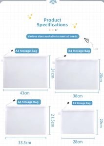 Size chart showing A3, B4, A4, B5 dimensions for mesh zipper storage bags