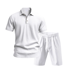 Close-up of white summer Polo set featuring breathable linen-like texture and drawstring details