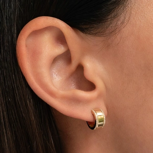 Close-up of gold double-row hoop earring with luxury pavé diamonds on a model
