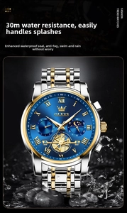 Detail showing 30m water resistance of the OLEVS luxury blue dial men's business watch