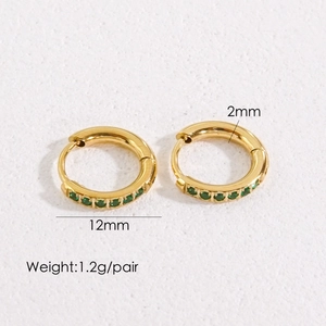 Detail of 12mm gold-plated huggie earrings with green zircon inlays and dimensions