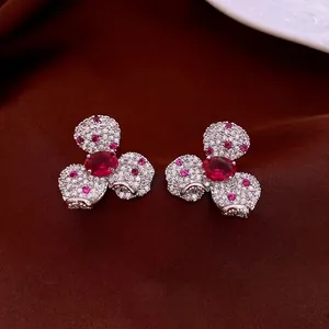 French court style silver flower earrings with red ruby and white zircon stones