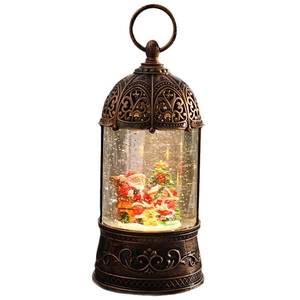 Vintage bronze Christmas musical lantern with Santa scene and swirling glitter snow