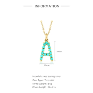 S925 sterling silver golden letter A pendant with turquoise gemstone inlay details