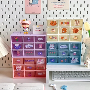 Cute desk organizer with nine drawers and cartoon stickers for stationery storage