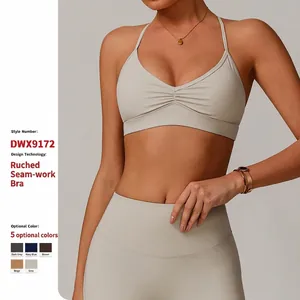 Women V Neck Ruched Sports Bra Criss-cross Back Quick Dry Padded Yoga Bra Top For Running Fitness Workout Gym