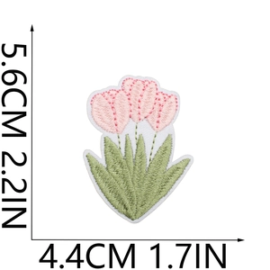 Detailed view of pink tulip embroidered patch with precise dimension measurement lines