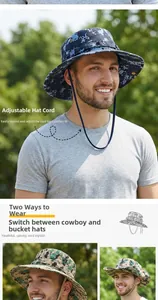 Detail of adjustable chin strap and dual-style wide brim on camouflage sun hat