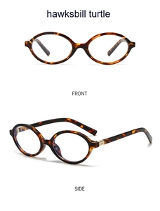 Front and side view of oval tortoiseshell glasses frames with a vintage Korean aesthetic