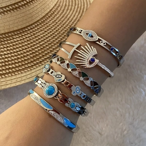 Evil Eye Bangle Stainless Steel Bracelet With Turquoise Enamel And White Zircon Bohemian Style Jewelry For Women