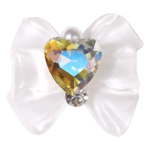 Pearlescent white resin bow nail art charm with AB heart rhinestone and tiny crystal gems
