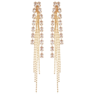 Elegant gold-tone long fringe drop earrings with sparkling crystals for a luxury look