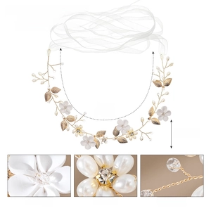 Detailed bridal hair band specs showing polymer clay flowers, crystal beads and dimensions