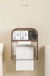 Detail of wall-mounted dual-layer tissue box with translucent brown window and shelf
