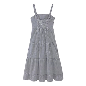 Women's black and white striped smocked maxi dress with tiered ruffle skirt