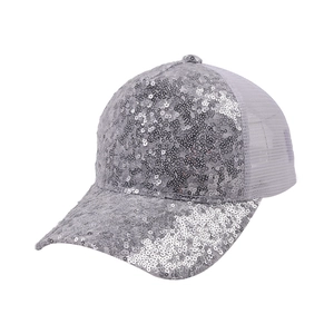 Detail of silver sequin baseball cap showing breathable light gray mesh back material