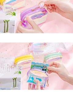 Detail of laser PVC mini coin purse showing rainbow holographic texture and metal keychain