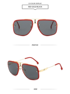 Detail view of red and gold aviator sunglasses with black lenses and double bridge design