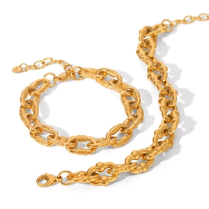 Polished gold stainless steel chunky chain link bracelet and necklace jewelry set