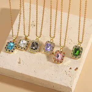Fashion Copper Rectangular Zirconia Pendant Necklace For Women Gold Plated Light Luxury Stainless Steel Chain Jewelry Gift
