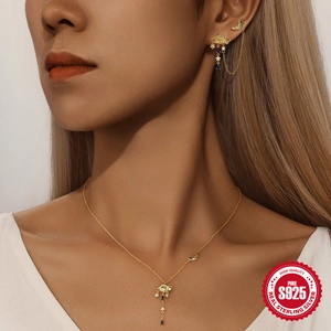 S925 sterling silver star moon necklace and earrings set with blue cubic zirconia