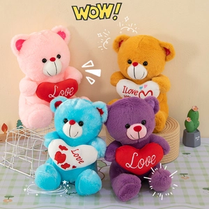 Cute teddy bear plush toys in four colors with embroidered hearts on a cozy background