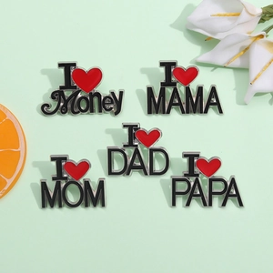 Set of 5 enamel heart badges with I love Money, Mom, Dad, Mama and Papa text pins