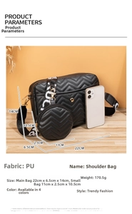 Detailed size view of quilted black PU shoulder bag with round coin purse and wide strap