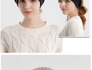 Detailed close-up of the cable knit texture and ponytail hole on this warm winter beanie