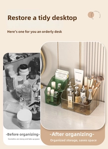 Before and after comparison showing transparent luxury makeup organizer with vertical stripes