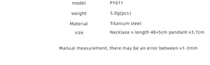 Size chart for titanium steel necklace P1611 with 48+5cm length and 3.7cm pendant details