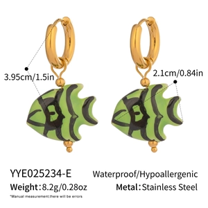 Detail view of waterproof stainless steel fish earrings with size and weight specifications