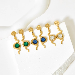 Golden snake hoop earrings with colorful glass beads in green, blue, and white styles