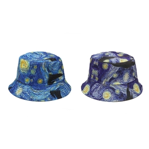Reversible Bucket Hat Cotton Canvas Art Oil Painting Starry Night Print Sun Protection Artistic Outdoor Travel