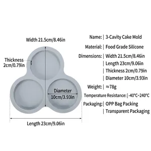 Grey 3-cavity 4-inch silicone round cake mold tray with dimensions and specifications
