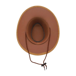 Detail view of brown western cowboy hat with woven brim and adjustable wind rope strap