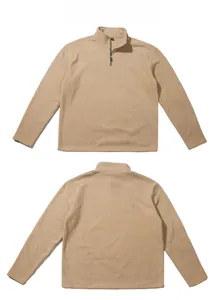 Front and back views of khaki half-zip fleece pullover with a stand collar and soft texture
