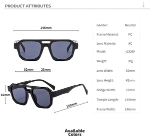 Detailed size specifications and technical parameters for square double-bridge sunglasses
