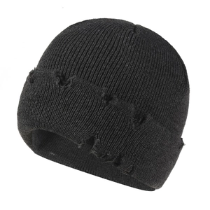 Distressed Knitted Beanie Acrylic Solid Color Broken Hole Ribbed Outdoor Winter Warm Streetwear Hip Hop Hat For Men Women