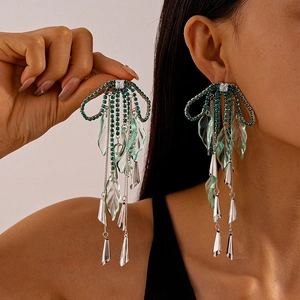 Rhinestone Bowknot Tassel Earrings With Silver Earring Post Resin Petal Long Dangle Sweet Fairy Style For Women