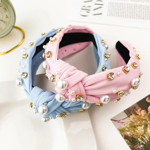 Luxe Christmas headband set with pearls and rhinestones in light blue and pink fabric