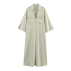 Sage green linen shirt dress with V-neck, button-down front and dual chest pockets